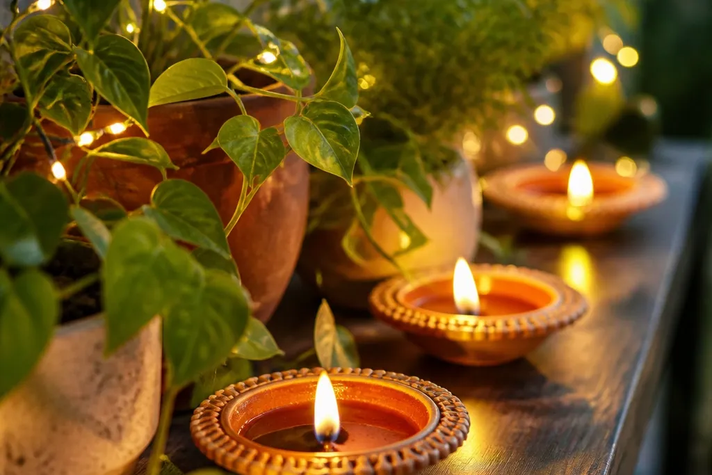 Diya Decoration Ideas With Lights and Plants