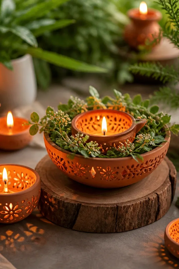 Diya Decoration Ideas With Lights and Plants