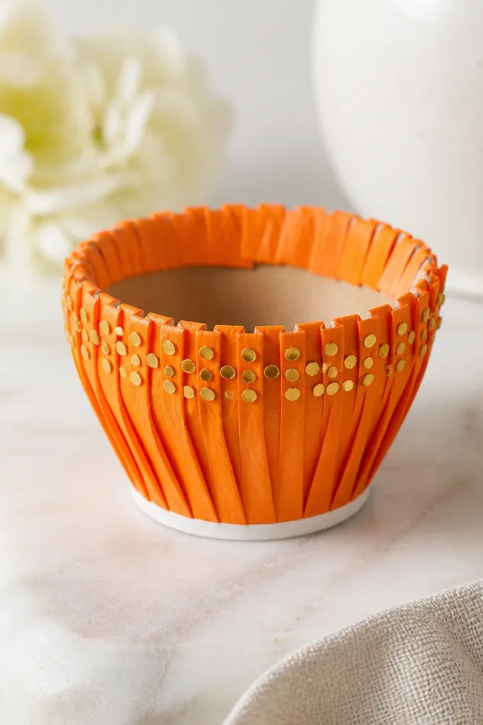 A paper diya wrapped with narrow orange paper pleats like a flower skirt, with small gold dot stickers clustered near the top rim; the base is visible and clean white cardstock peeks at the bottom.