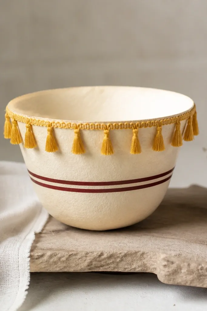 A paper diya with a halo of tiny yellow tassels hanging from the rim, like a crown; the body is plain cream with two thin maroon bands.