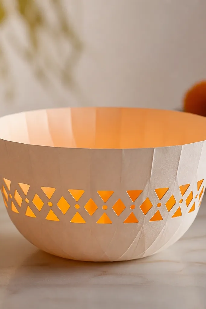 A paper diya with a continuous strip of cut-out rangoli pattern (diamond and dot shapes) wrapped around the middle; the inside area shows warm orange paper behind the cutouts.