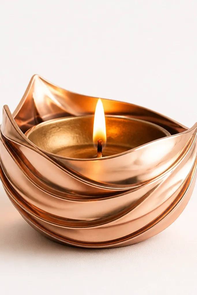 A diya wrapped with wavy rose-gold foil strips that look like overlapping curtains; the background is white paper and the waves catch light with a metallic sheen.