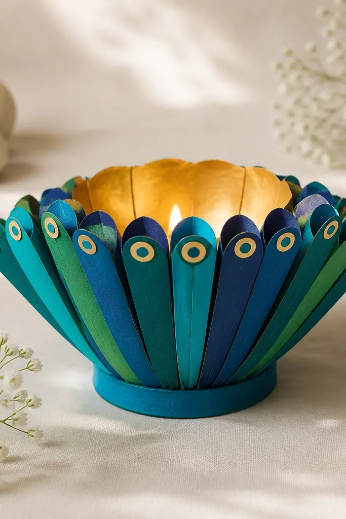 A paper diya with a fan made from layered peacock-feather colored paper strips (teal, green, and dark blue) radiating from the top rim; tiny dot stickers mimic feather eyes.