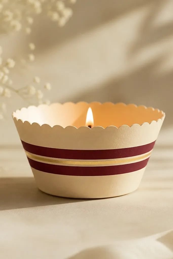 A cream paper diya with two maroon horizontal bands and a thin gold line between them; the top rim has a small scalloped trim.