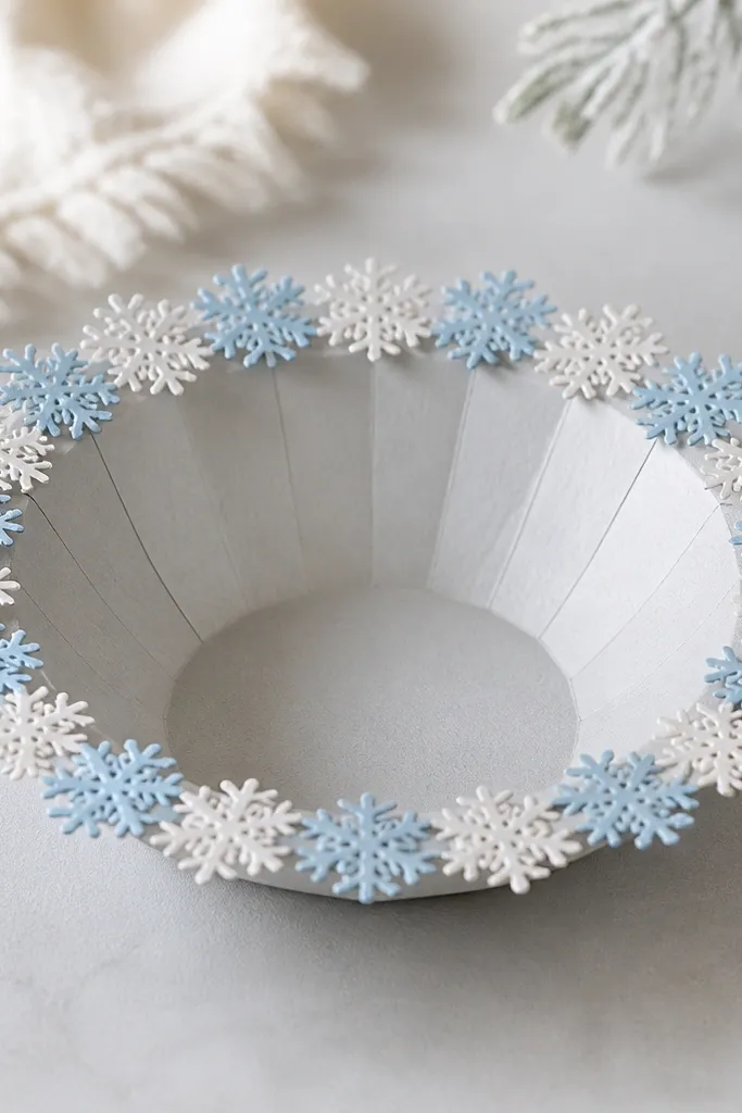 A paper diya with a rim decorated using small white and light-blue snowflake cutouts arranged like a ring; the body is pale gray-white.