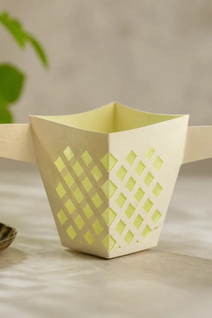 A paper diya with a lattice pattern cut into the center panel, backed by translucent lemon-green paper; small square openings show through.