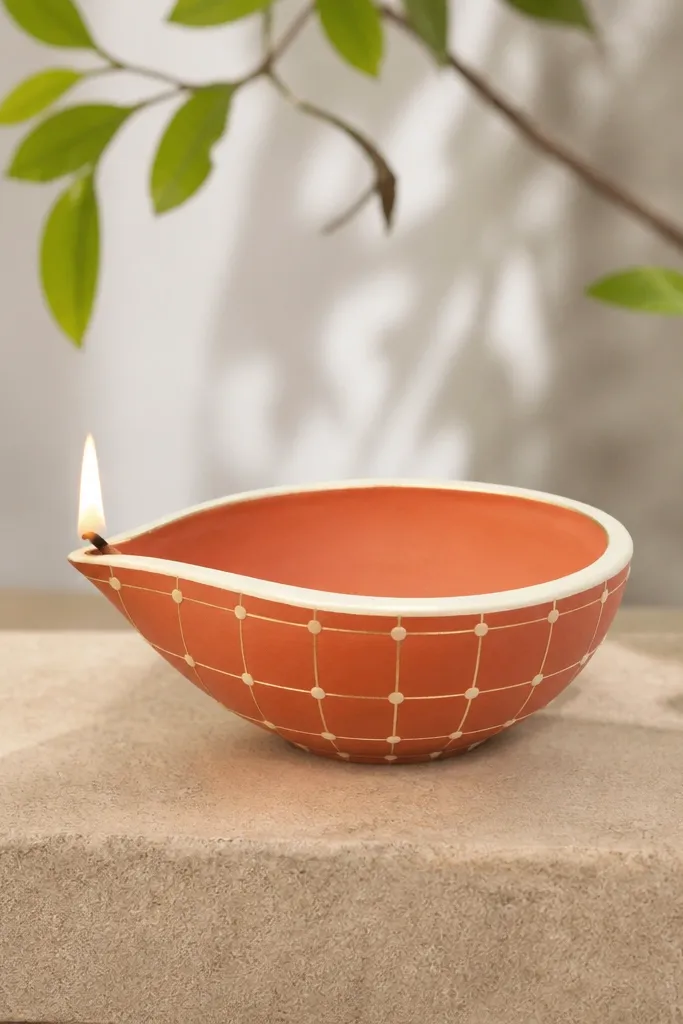 A paper diya body painted in terracotta tiles with small dot corners at each tile intersection; the rim has a thin cream border.