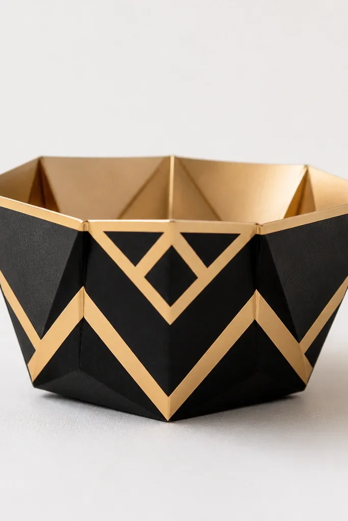 A paper diya with a black body panel framed by gold geometric strips (chevrons and triangles) around the center and top; background is matte white.