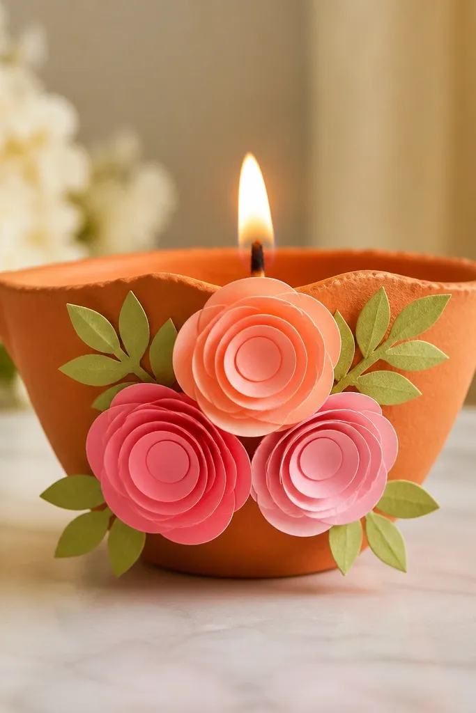 A diya with a cluster of three layered rosette flowers on the front, made from pink and peach paper circles, plus small green leaves.