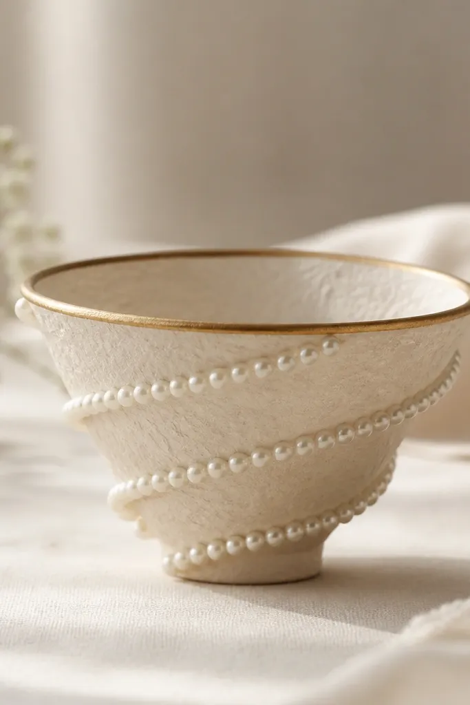 A paper diya wrapped in a spiral line of small faux pearl beads, starting near the bottom and winding up; the rim has a simple gold ring.