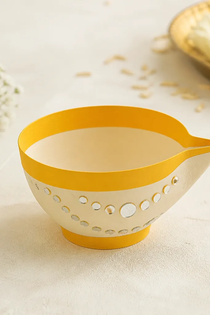 A paper diya with saffron-yellow banding and small mirror-like round stickers scattered in a crescent pattern; the body is cream.