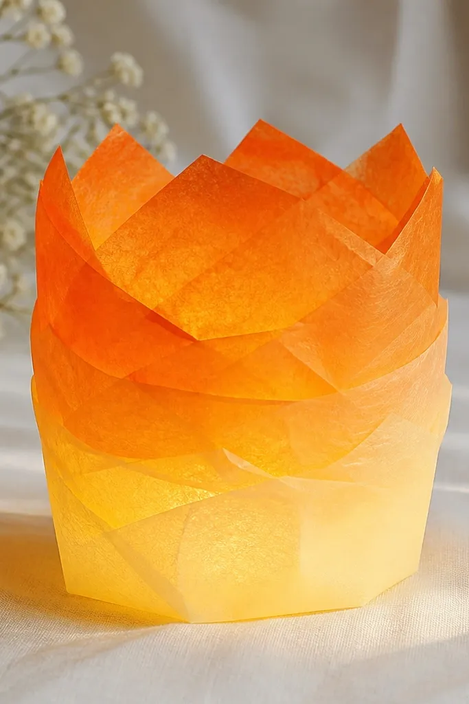A paper diya wrapped in translucent tissue layers showing an ombre gradient from deep orange at the top to pale yellow at the bottom; the tissue looks airy and lit-like.