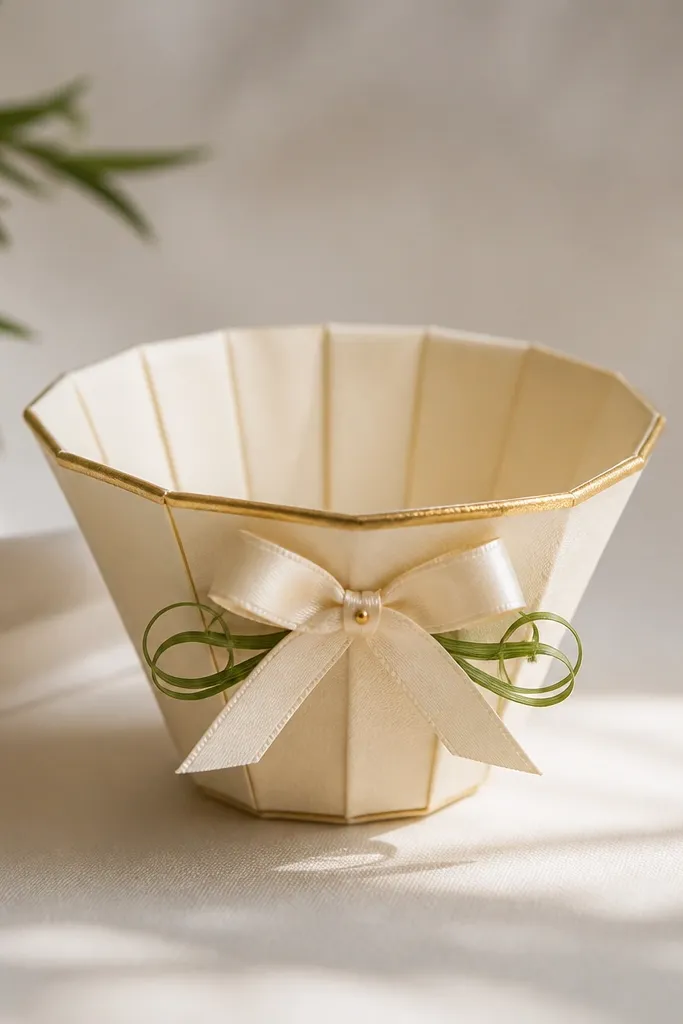 A paper diya with a small satin ribbon bow pinned at the front, with tiny green leaf strips curling outward from beneath the bow; body is plain cream with a gold rim.