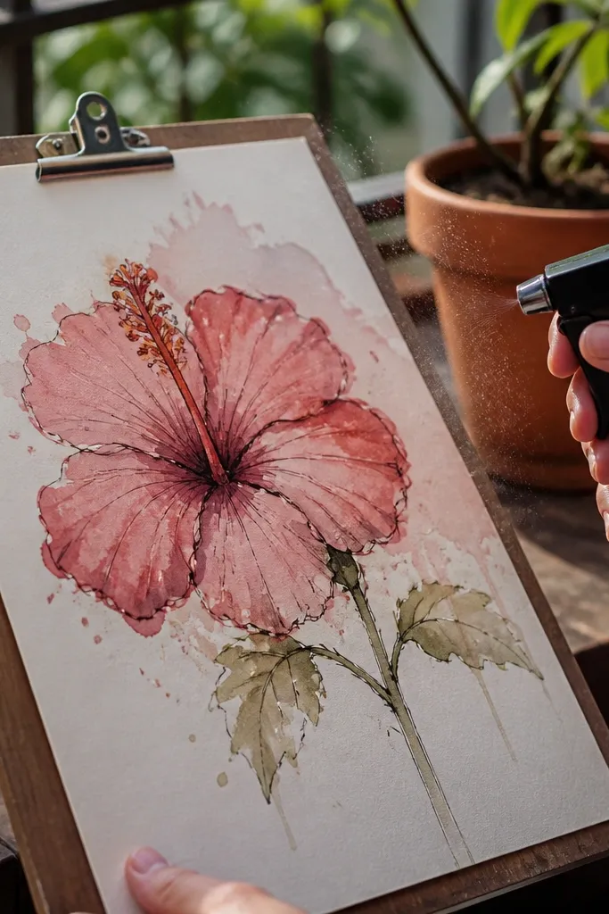 Watercolor hibiscus with rose petals, pale wash edges, and fine ink veins