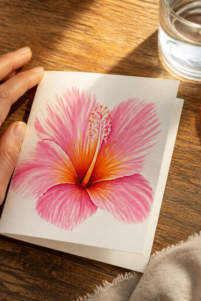 Orange and pink watercolor hibiscus with a bright warm center and soft gradients