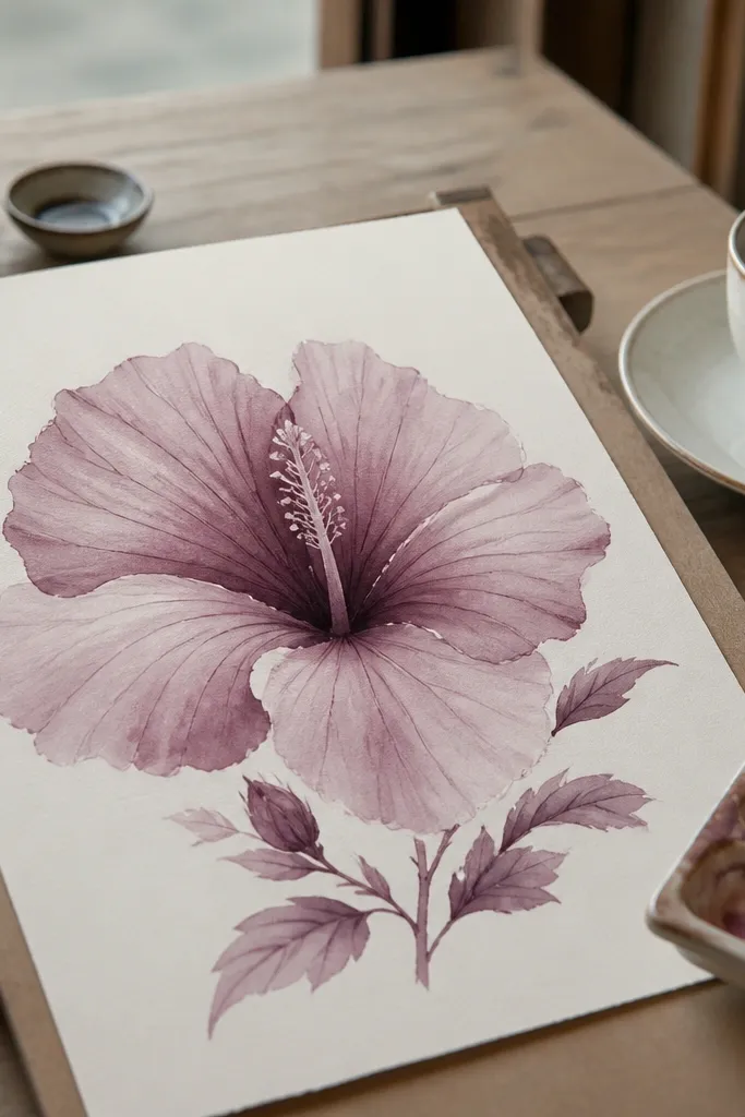 Single-color mauve watercolor hibiscus with soft gradients on cream paper