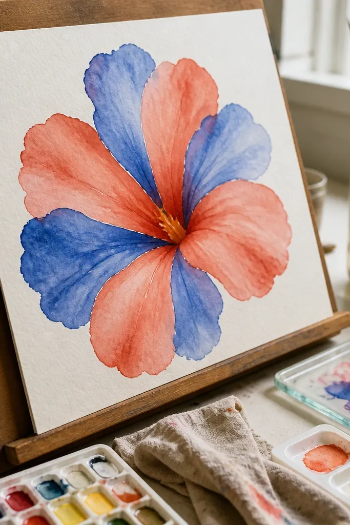 Cobalt and coral watercolor hibiscus with alternating petal colors