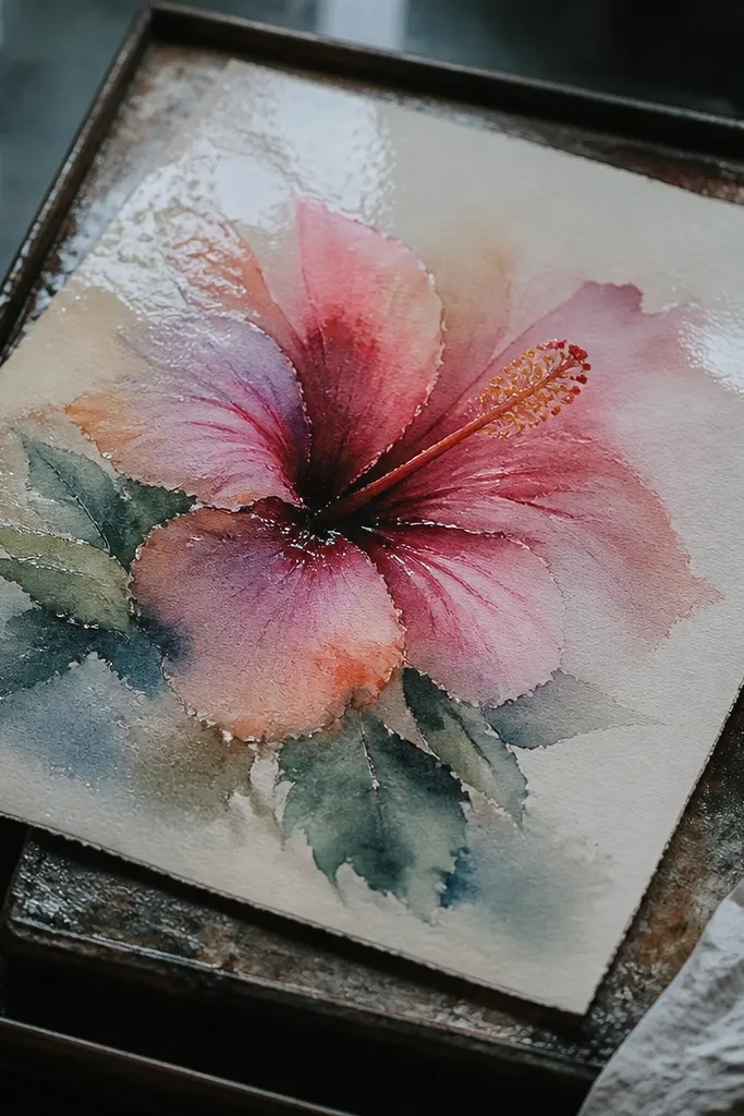Watercolor hibiscus with very soft, blended edges and gentle inner blooms