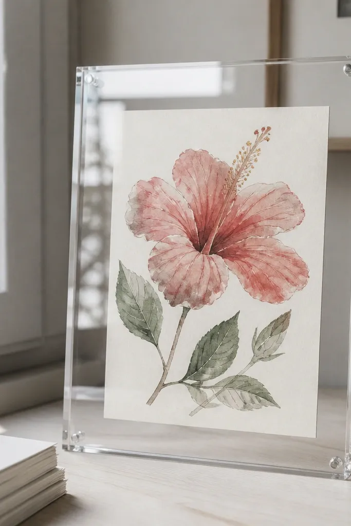 Hibiscus with soft watercolor washes and dry-brush petal texture