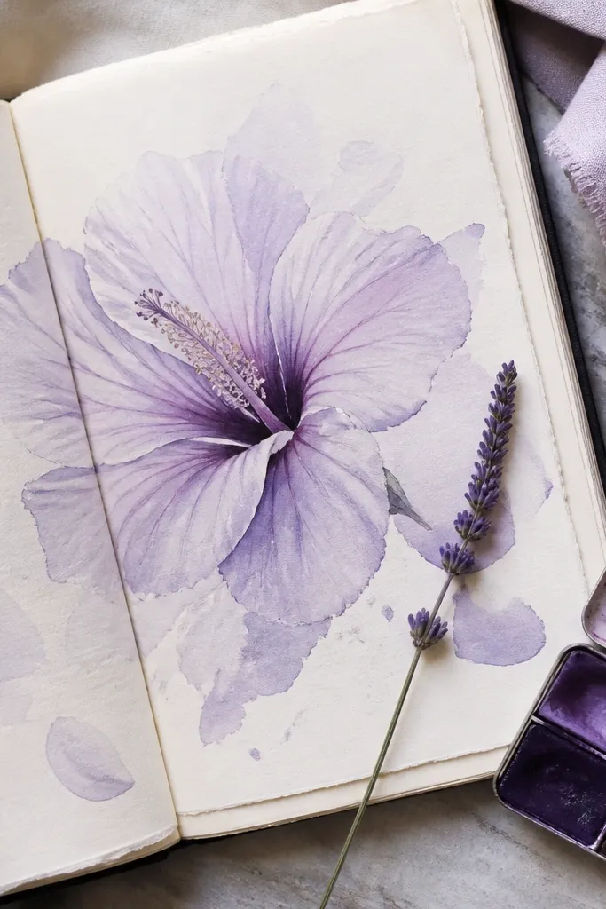 Lavender watercolor hibiscus with pale petals and gentle purple vein lines