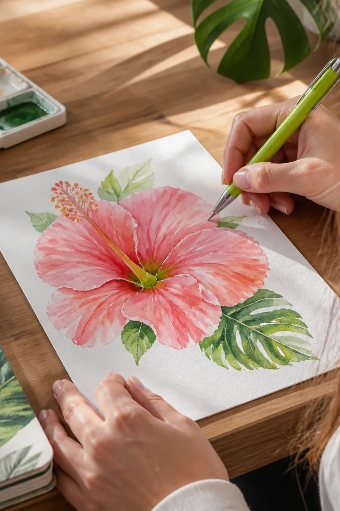 Pink hibiscus watercolor with lime-green accents near the center and highlights