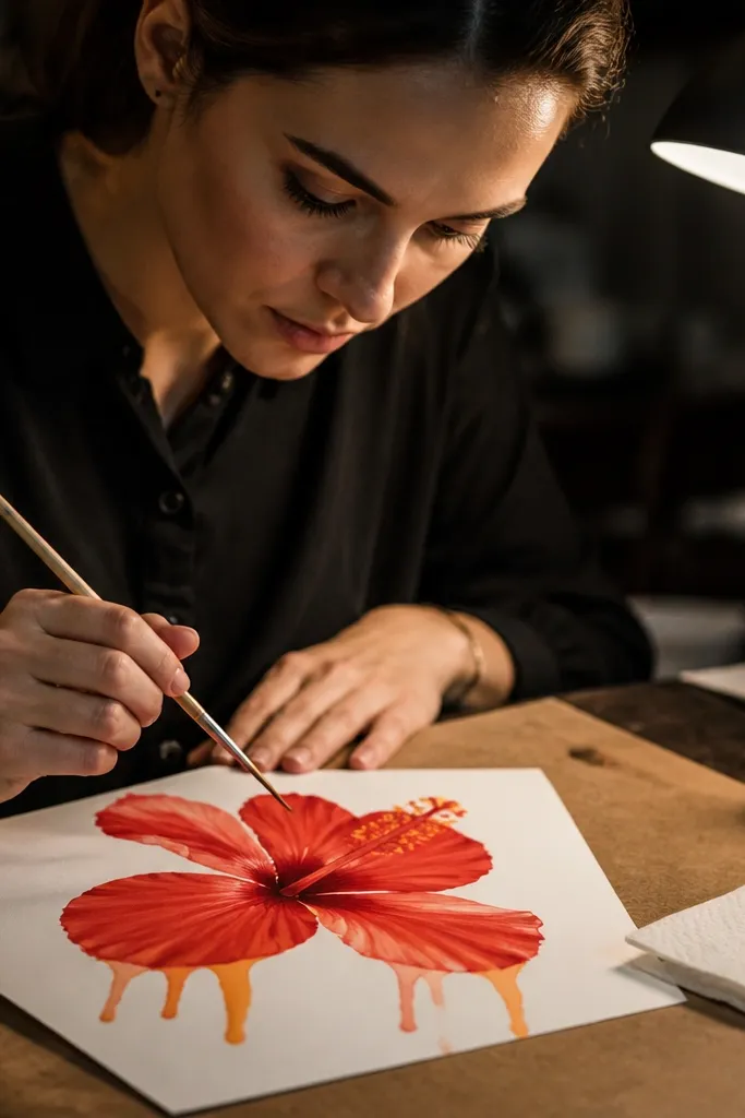 Red hibiscus watercolor with controlled orange drips from petal edges