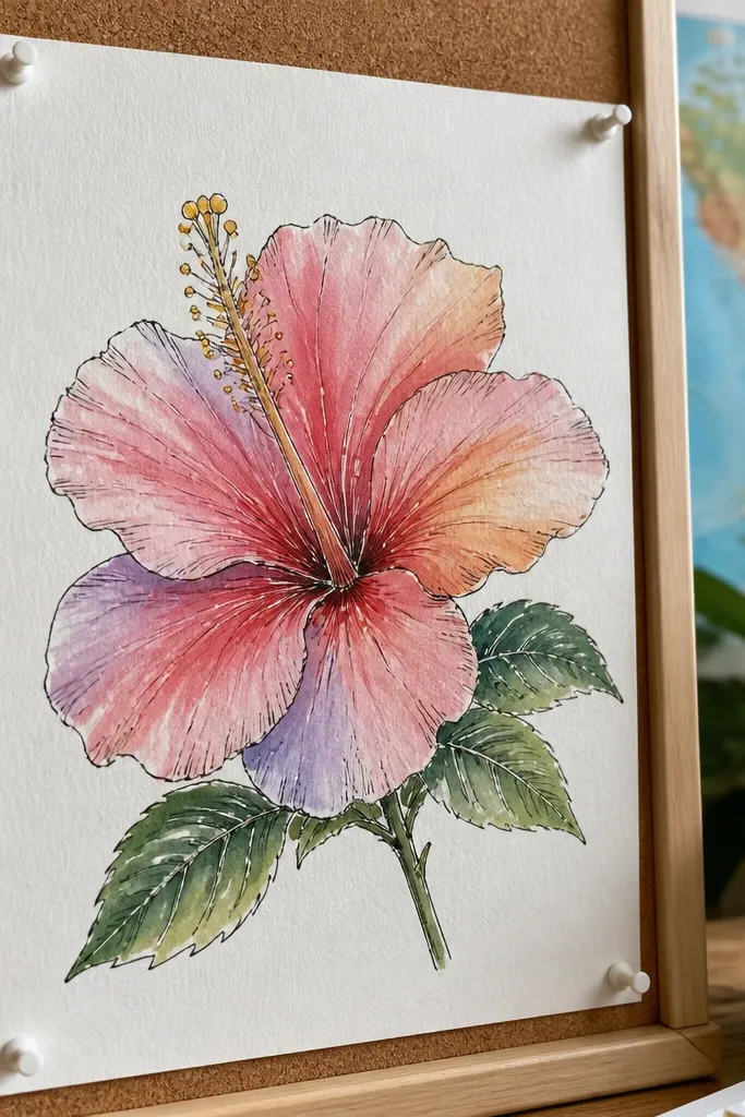 Watercolor hibiscus where thin ink lines guide soft colored petals