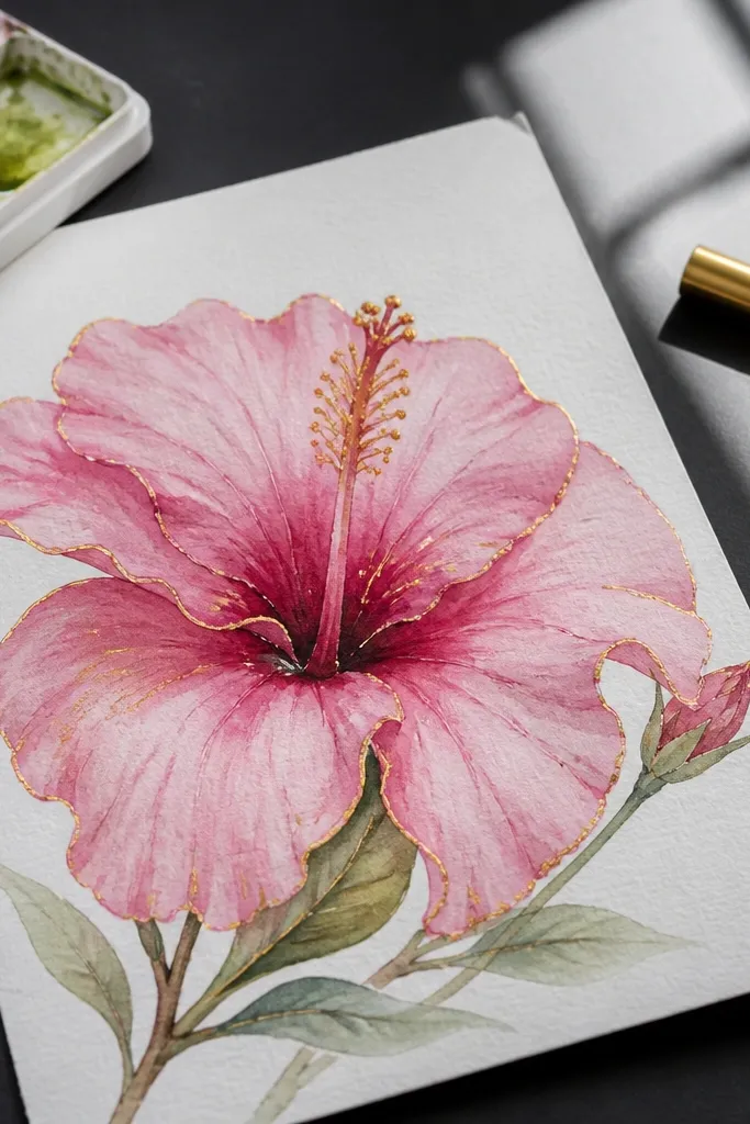 Pink watercolor hibiscus with tiny gold-like highlights along petal folds