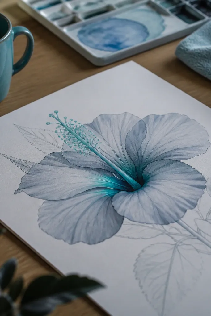 Blue-gray hibiscus petals with a teal center throat and gentle watercolor gradients