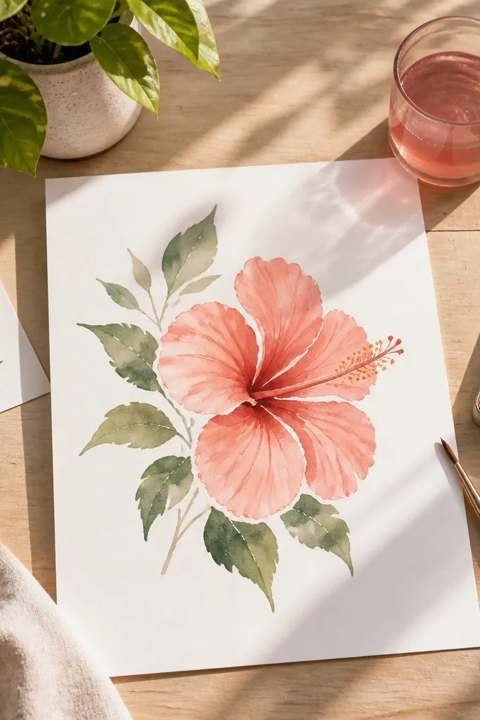 Coral hibiscus watercolor with negative space leaf shapes around it