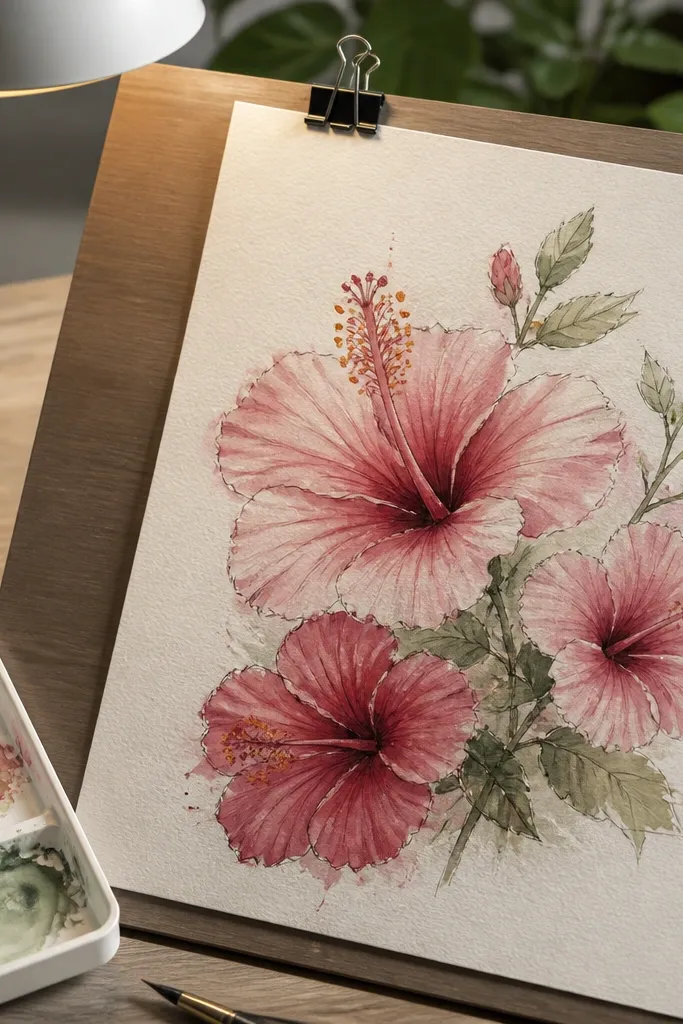 Three watercolor hibiscus flowers with soft washes and light ink outlines