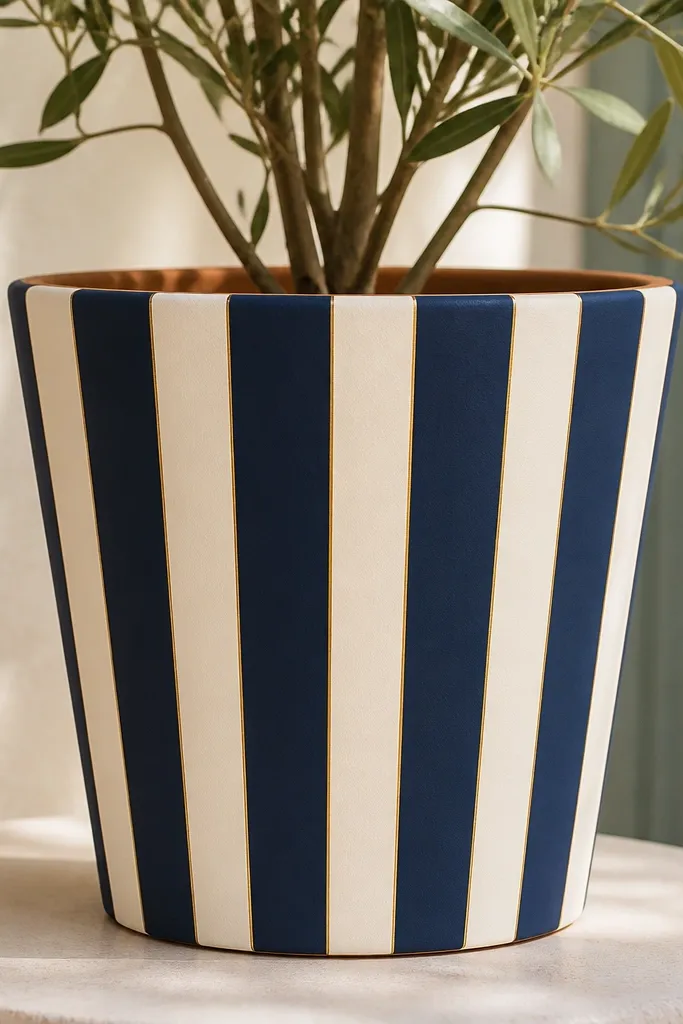 A terracotta pot painted with alternating navy and cream vertical stripes. The stripes are straight from rim to base, with a thin gold line separating the colors near the top.