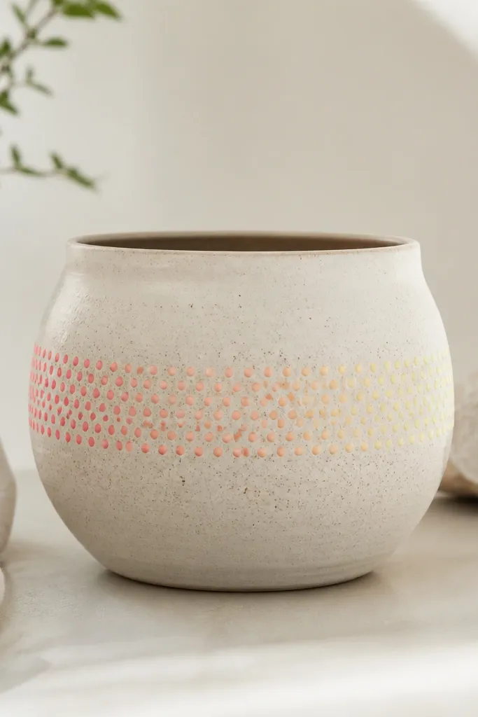 A pot with a single band around the middle made of dots. The dots fade from coral at the left side to peach, then pale yellow toward the right side.