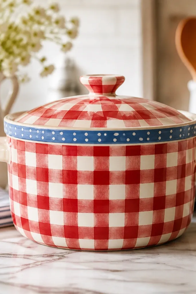 A pot painted in red and white gingham checks. A thin blue ribbon-style stripe wraps around the top, with small white dots on the blue band.