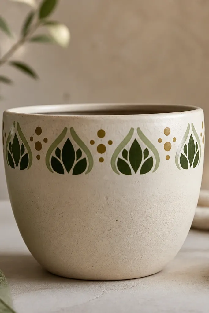 A pot with three layered leaf silhouettes near the top: dark green leaves, then a slightly lighter green outline, plus small mustard dots between them.