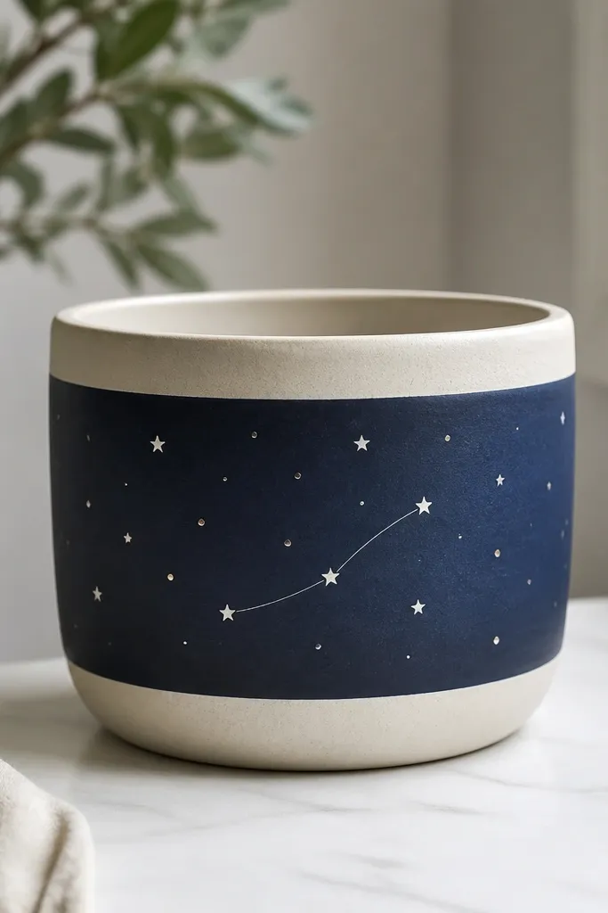 A pot with a dark navy band around the middle. Inside the band are small white stars, tiny silver dots, and two simple curved lines like a constellation.