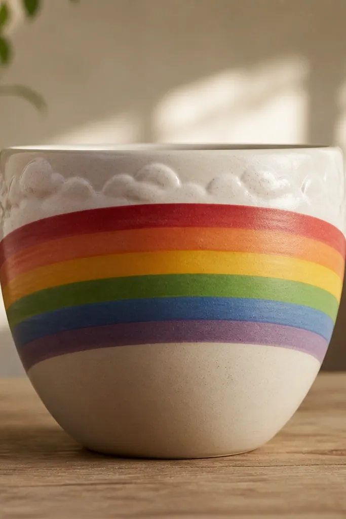 A pot with a thick rainbow arc across the upper half. Above it, small white cloud bumps sit on the rim area.