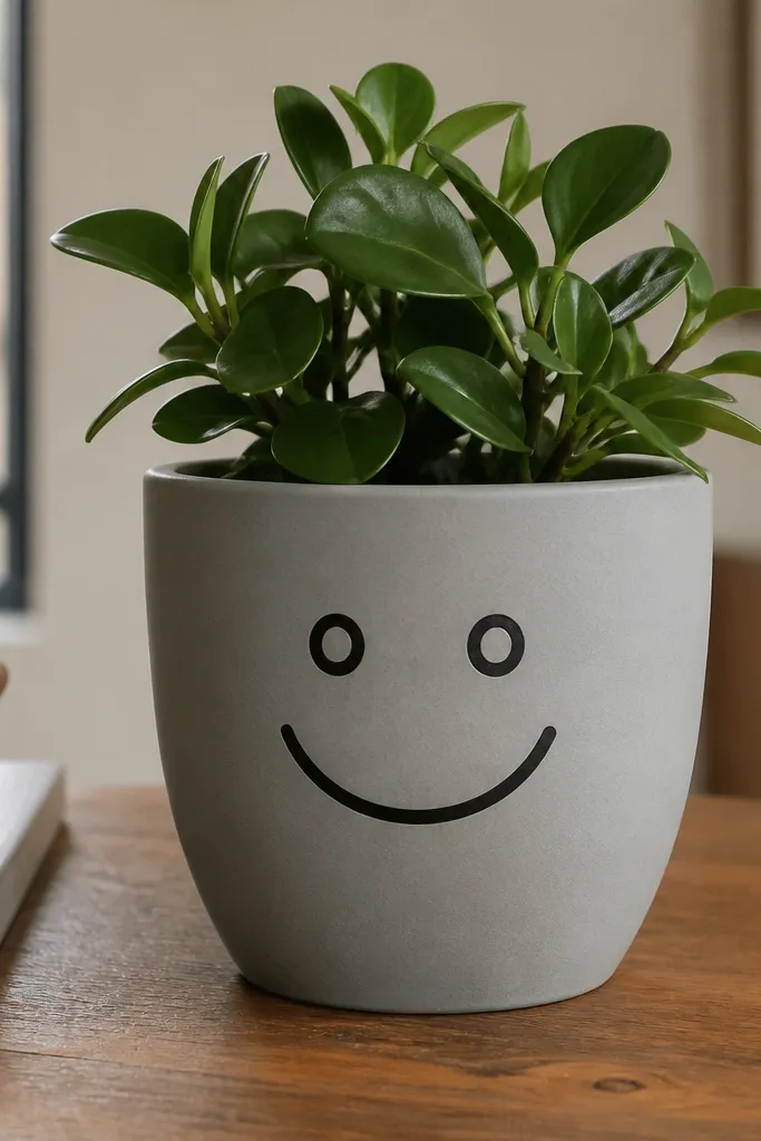 A pot painted in soft gray with a black outlined smiling face. The eyes are two simple circles and the smile is a curved line.