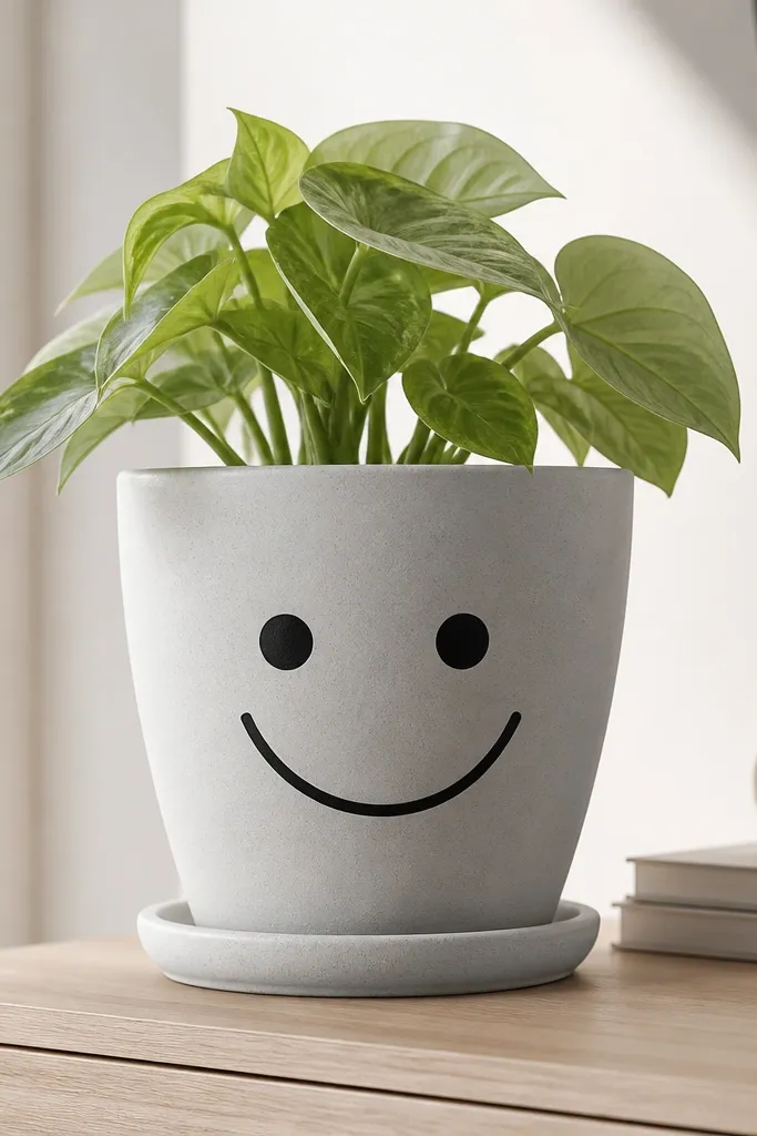 A pot painted in soft gray with a black outlined smiling face. The eyes are two simple circles and the smile is a curved line.