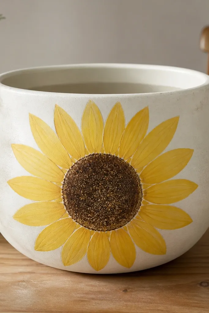 A wide pot painted with a large sunflower on one side. The petals are simple yellow teardrops and the center is a textured brown circle.