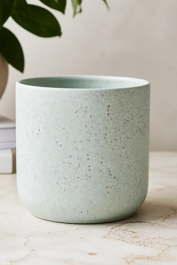 A pot painted pale mint with scattered speckles in white, blush pink, and lavender. The speckles look evenly distributed and crisp.