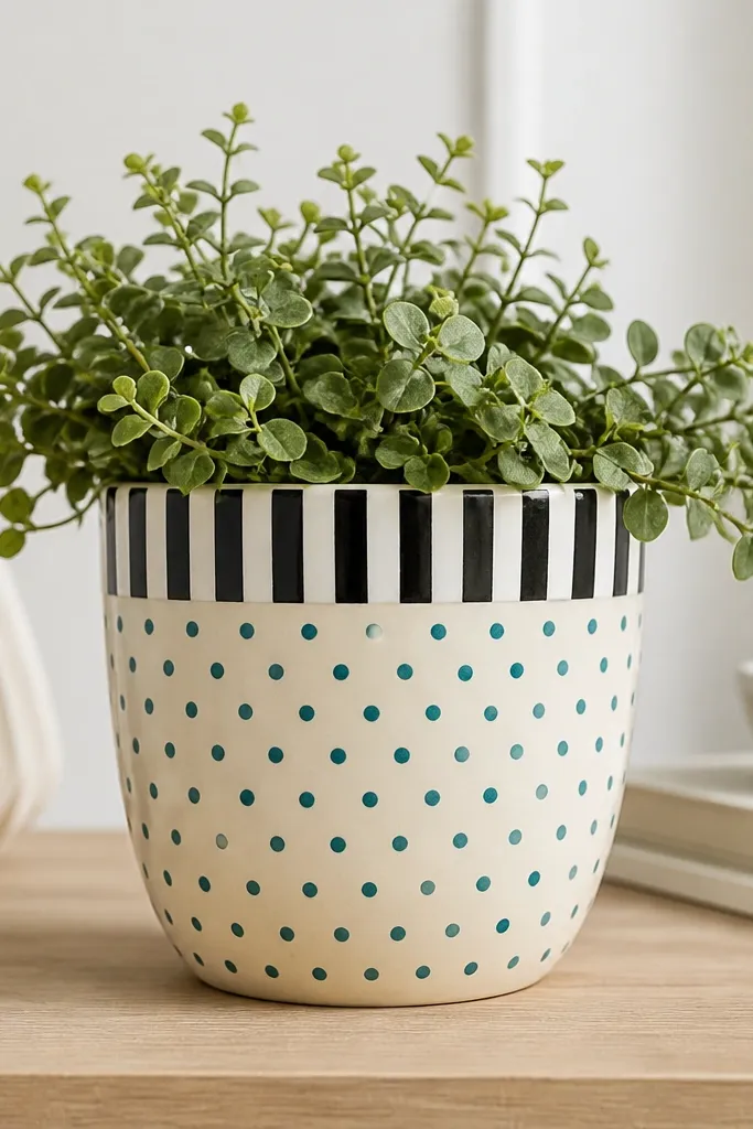 A pot with a striped rim band in black and white. The rest of the pot has small teal polka dots on a cream background.