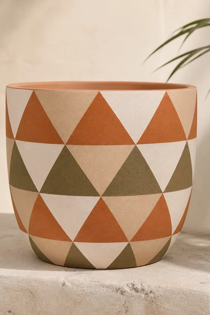 A pot covered in stacked triangles in muted terracotta, sand, olive, and off-white. The triangles line up neatly across the front.