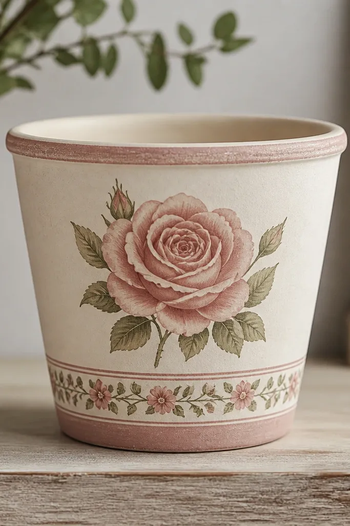 A pot with a single large rose-like bloom on the front and a thin floral border band around the lower third. Colors are dusty pink, cream, and sage green.