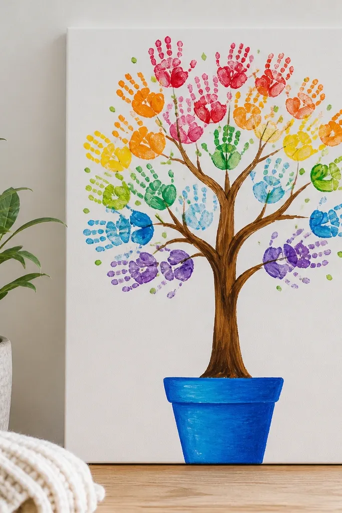 A pot with a tree trunk painted brown on one side. The canopy is made from handprint-like circles in rainbow colors, with a few green dots for leaves.