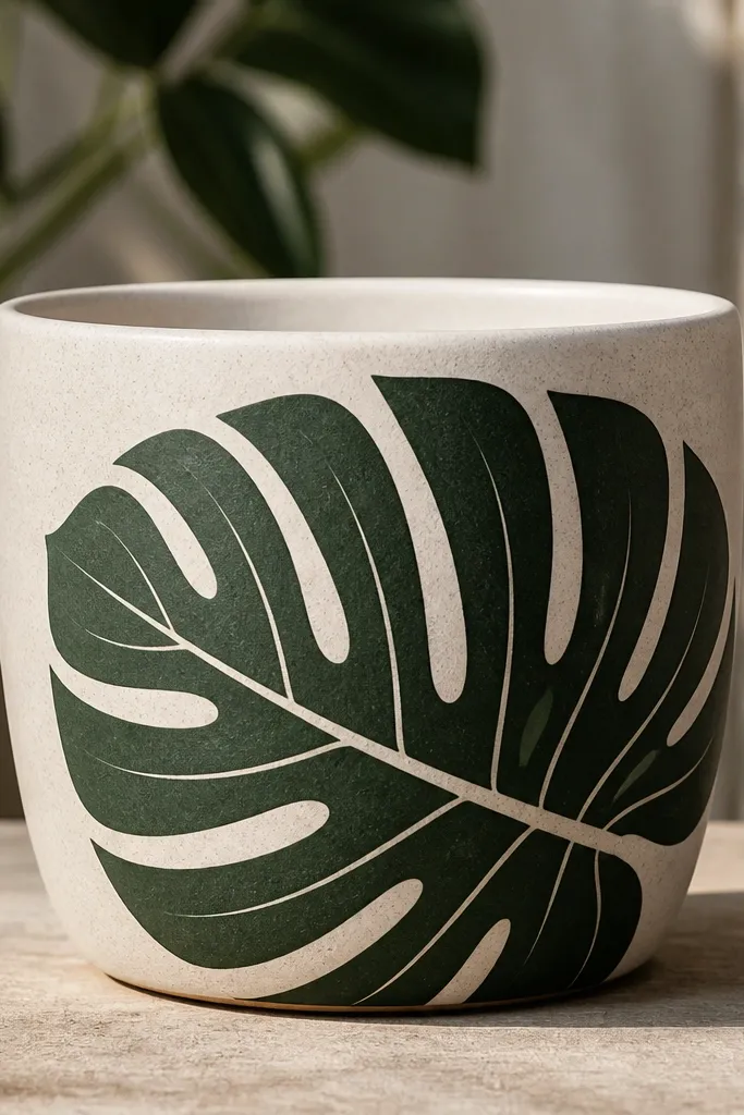 A pot with one large monstera leaf stencil design wrapping around the front. The leaf is dark green with lighter green cutout lines.