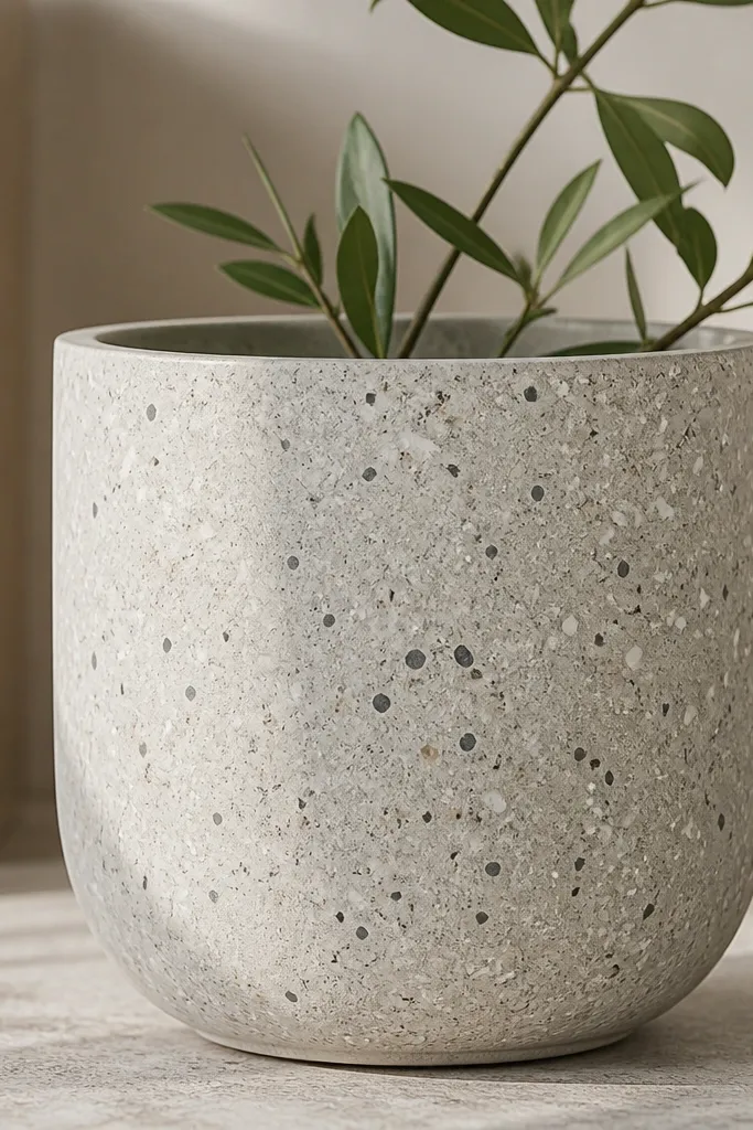 A pot with a light gray base and scattered small pebble-like specks in white, charcoal, and taupe. The specks look varied in size like terrazzo.