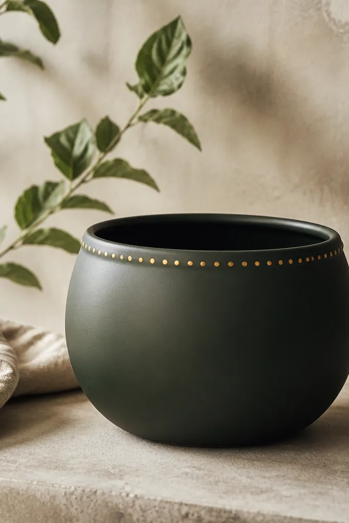 A pot with a matte black or deep green base. Around the rim there is a dotted gold halo line with evenly spaced small circles.
