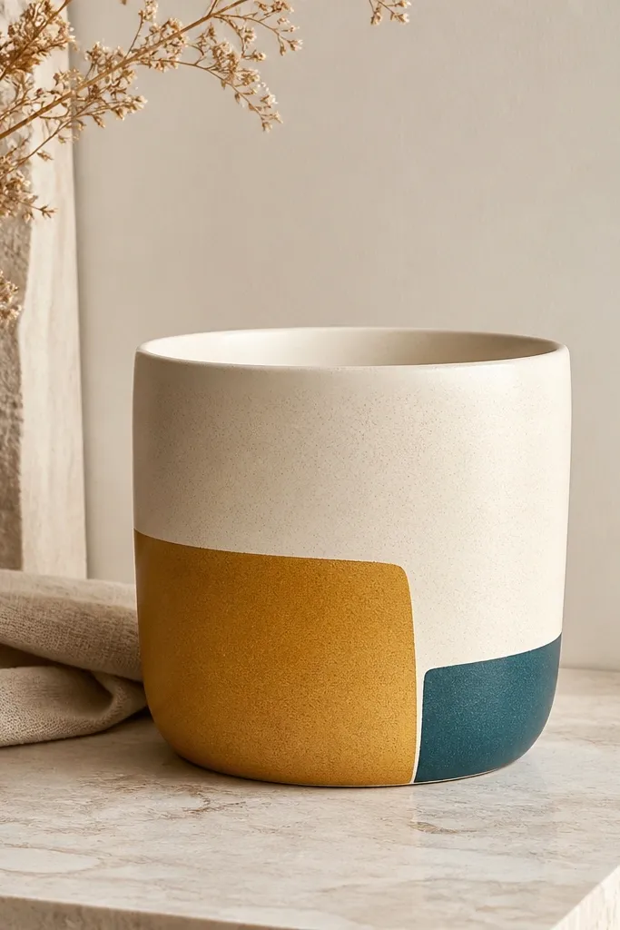 A pot with a neutral cream base. One corner has a bold block of mustard and a smaller block of teal stacked beside it.