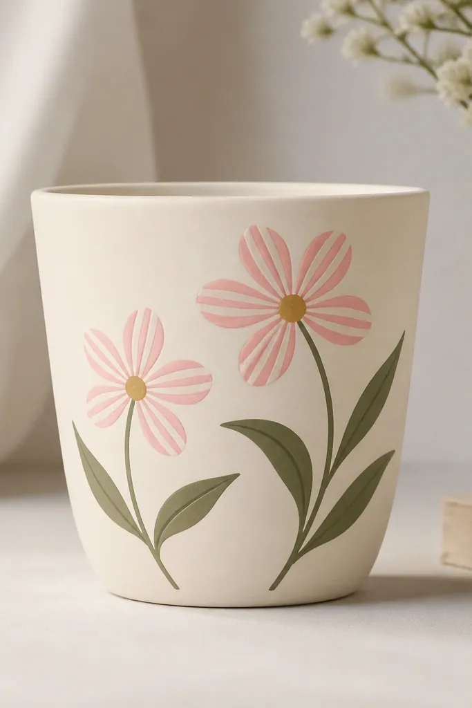 A pot painted cream with two simple flowers. Each flower has a striped petal pattern in pink and white, and the leaves are solid sage green.